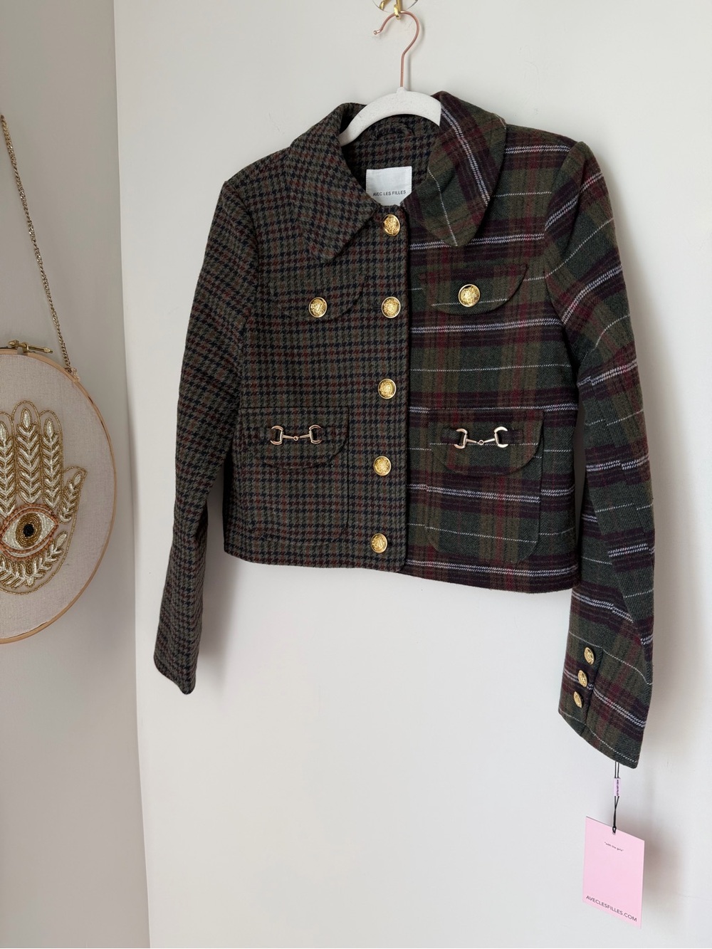 Avec les filles Plaid gold horsebit buckle button up Jacket